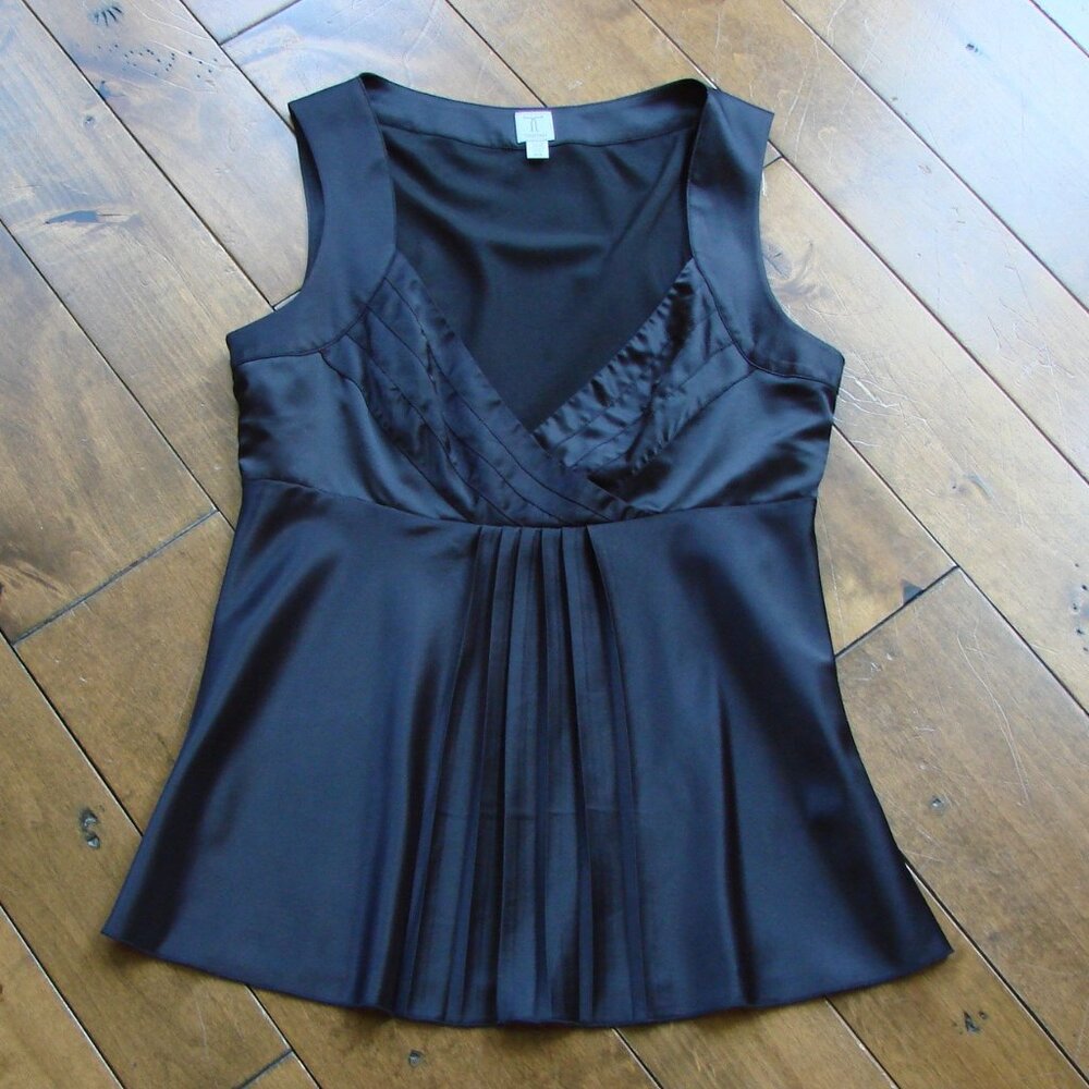 Black Satin Babydoll Top Tristan Y2K Sleeveless Crisscross Pleated Small